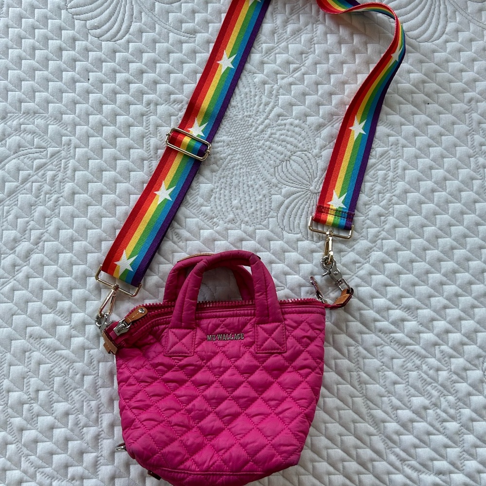 MZ Wallace pink crossbody bag with rainbow strap